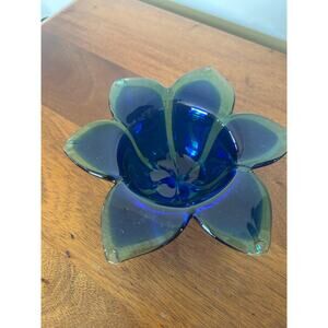 Vtg Murano Art Glass Bowl Blue Flower Form Green Crest Edge Hand Blown Dimples